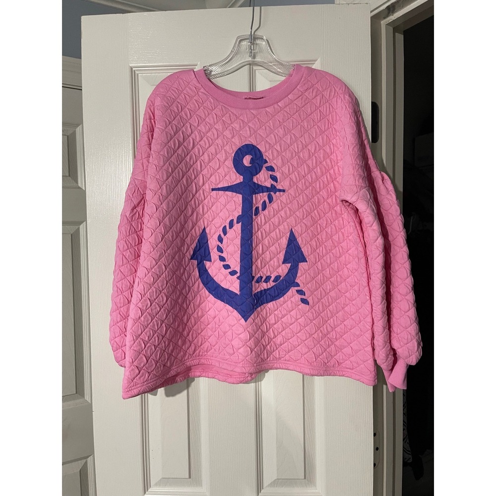Judith March Sz Lg Pink Quilted Anchor Sweatshirt Oversized Nautical Cozy - Picture 3 of 7